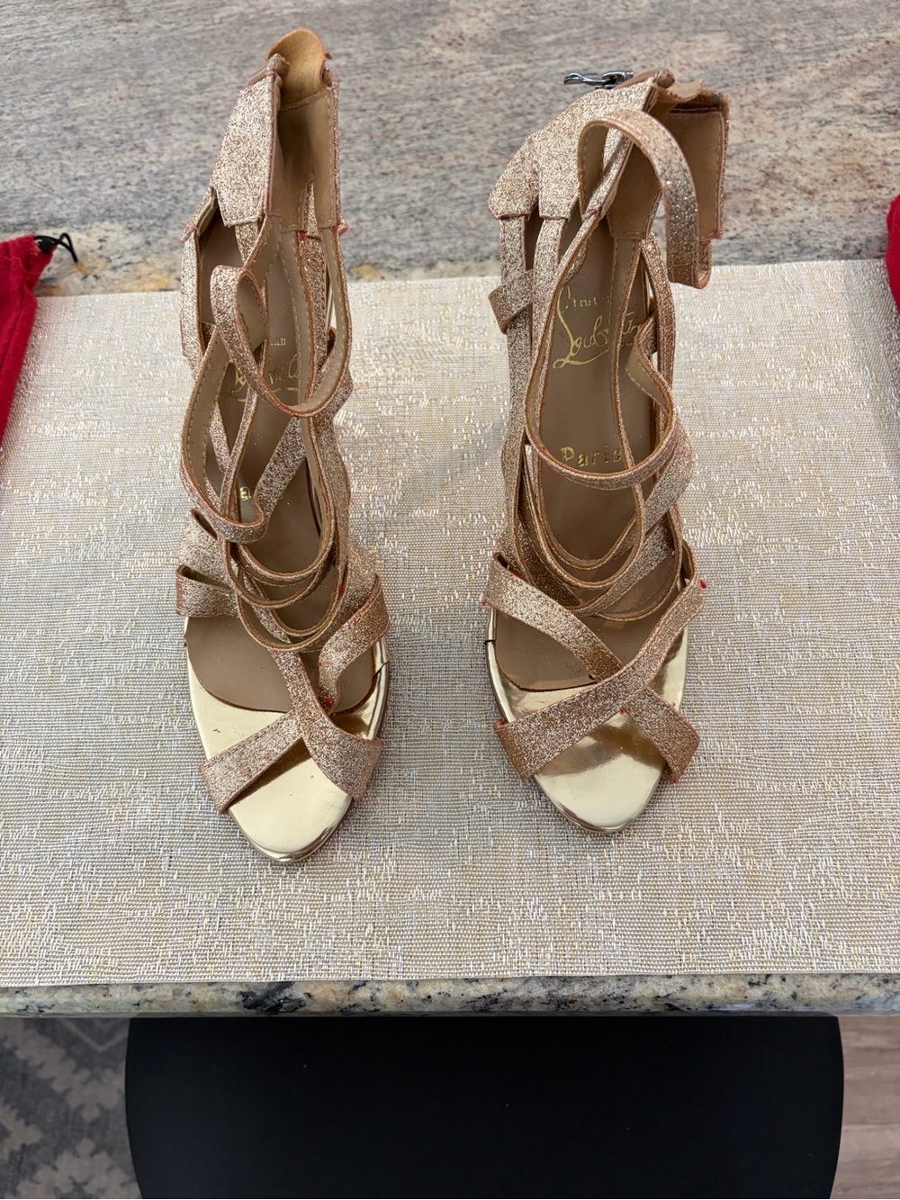 Christian Louboutin Rose Gold Glitter Strappy High Sandals